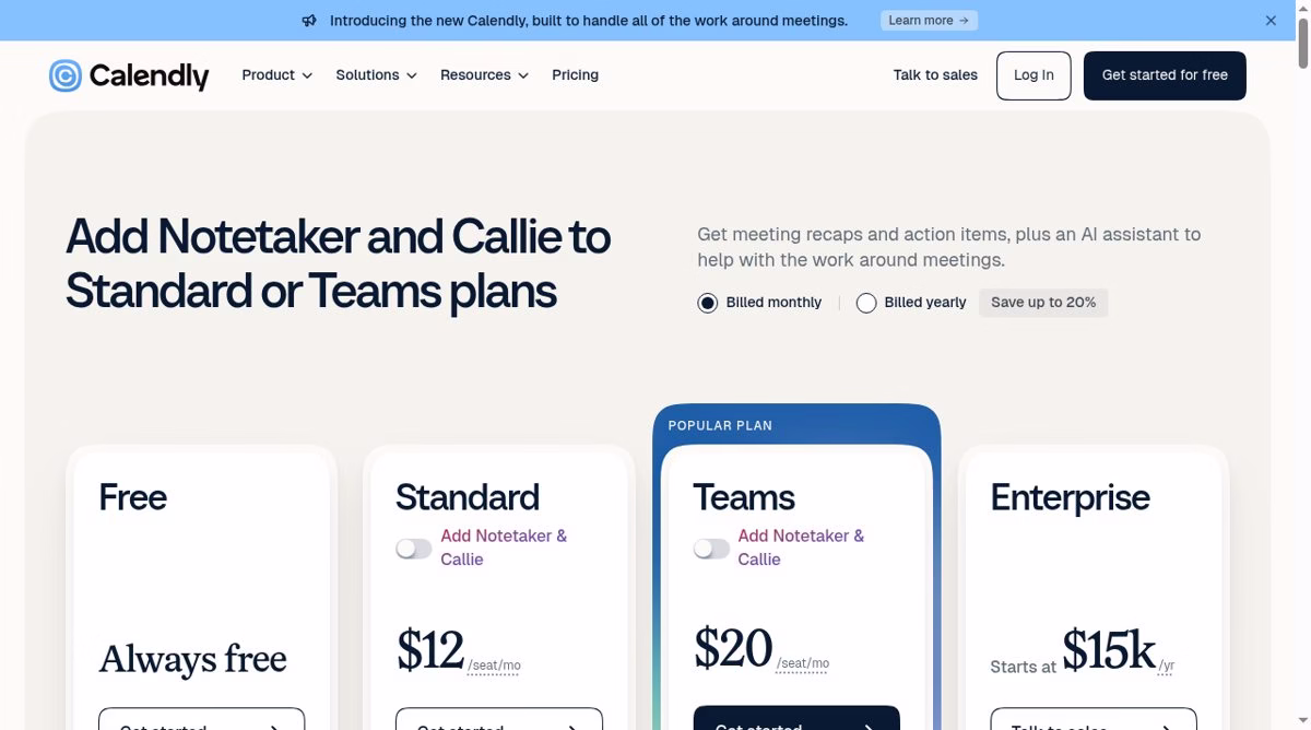 Calendly pricing page on 6 October 2026 with Billed monthly selected showing Standard at $12 and Teams at $20 per seat per month