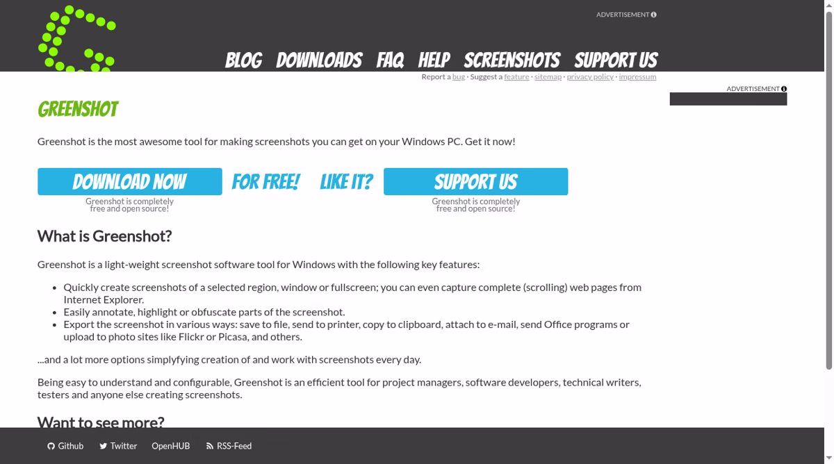 Greenshot homepage describing a free open source screenshot tool for Windows