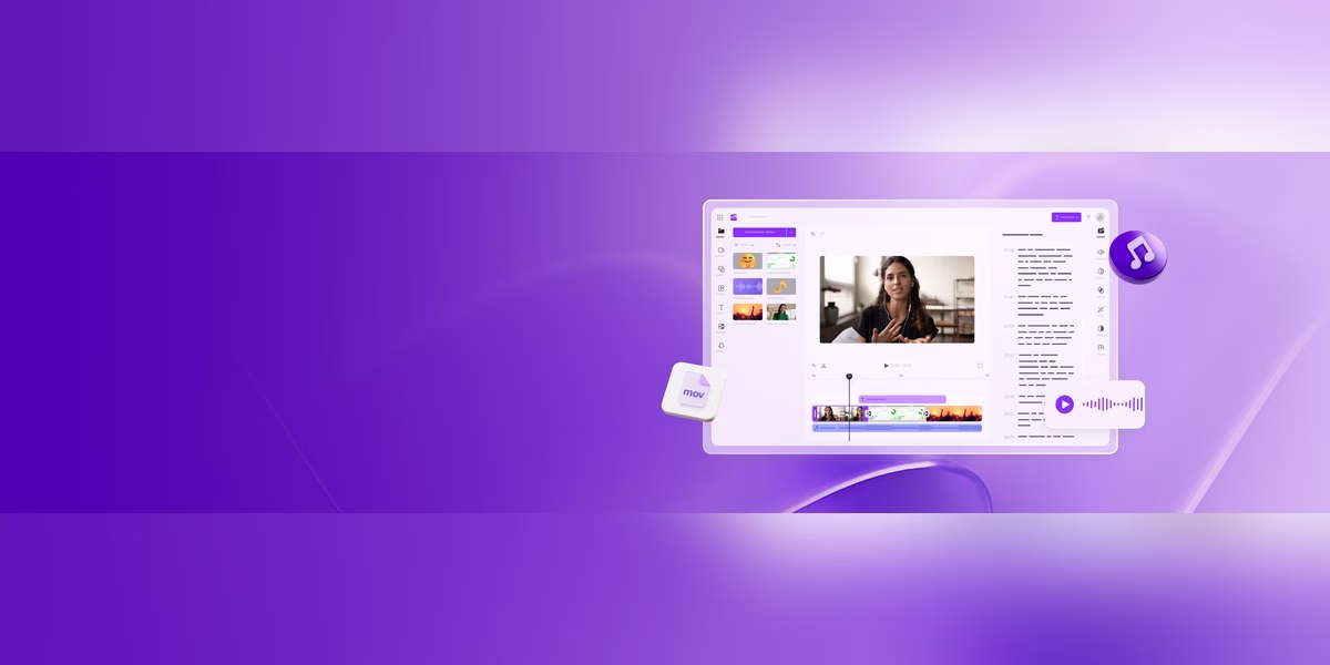 Clipchamp video editor illustration on a purple background