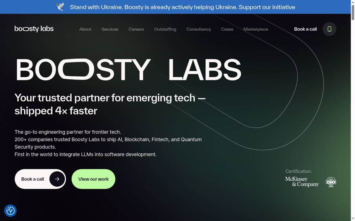 Boosty Labs homepage showing its current services and brand