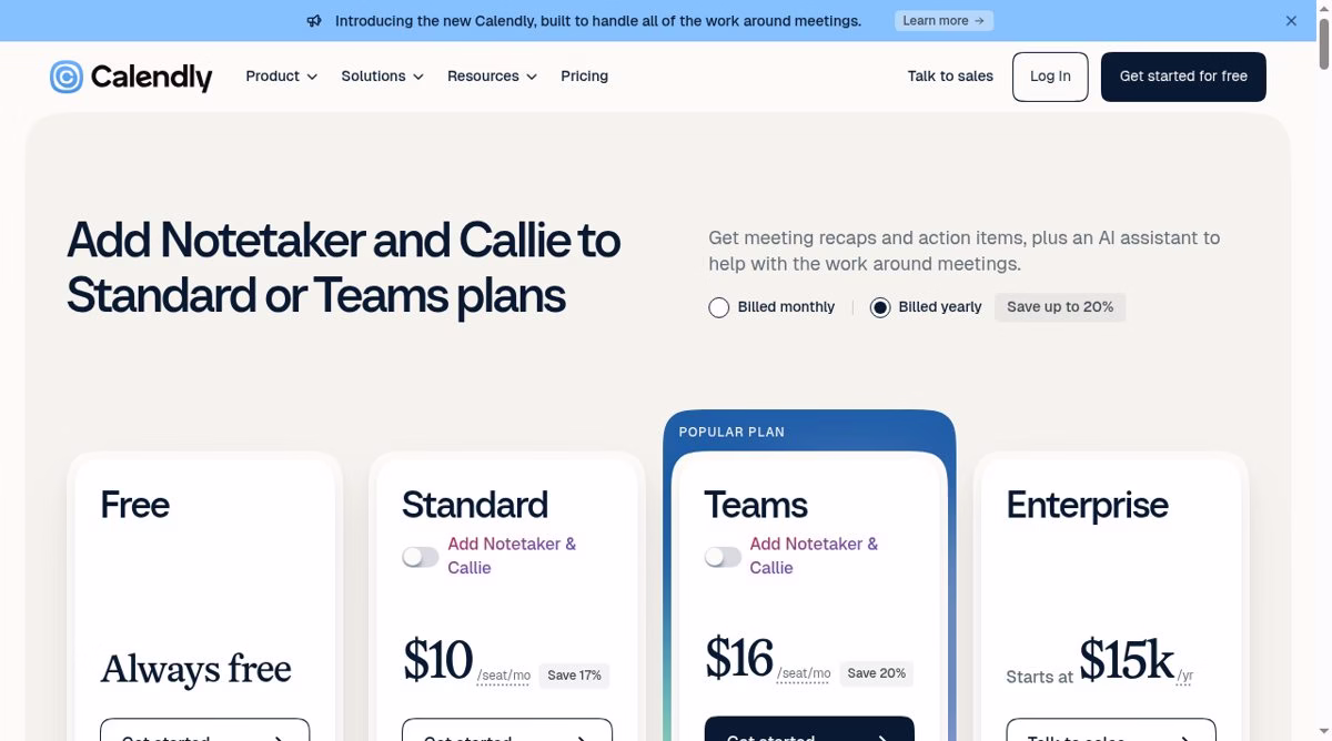 Calendly pricing page on 6 October 2026 with Billed yearly selected showing Standard at $10 and Teams at $16 per seat per month