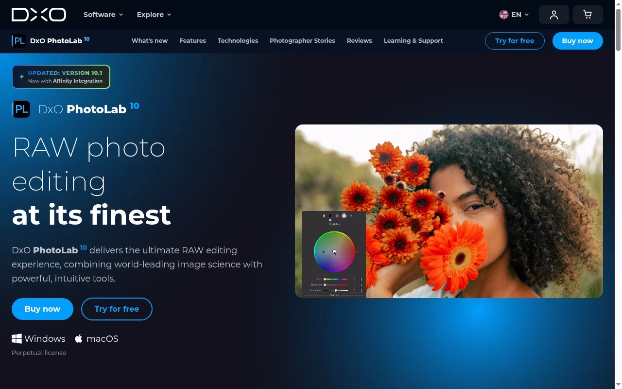DxO PhotoLab official website hero showing RAW processing and optical corrections