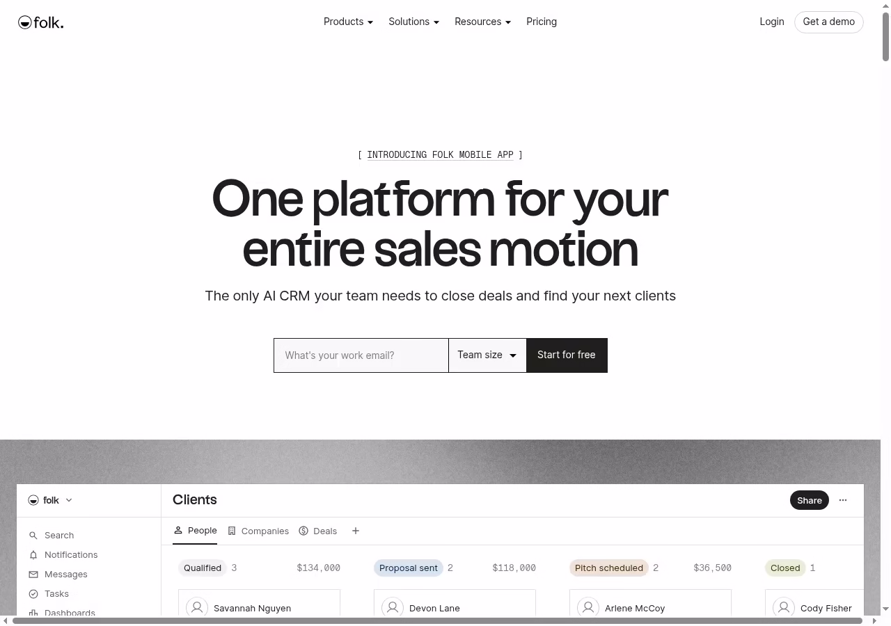 folk official website hero showing its CRM product positioning