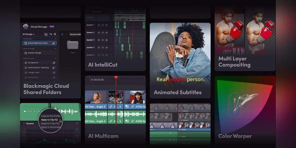 DaVinci Resolve feature collage showing cloud storage, multicam and color warper