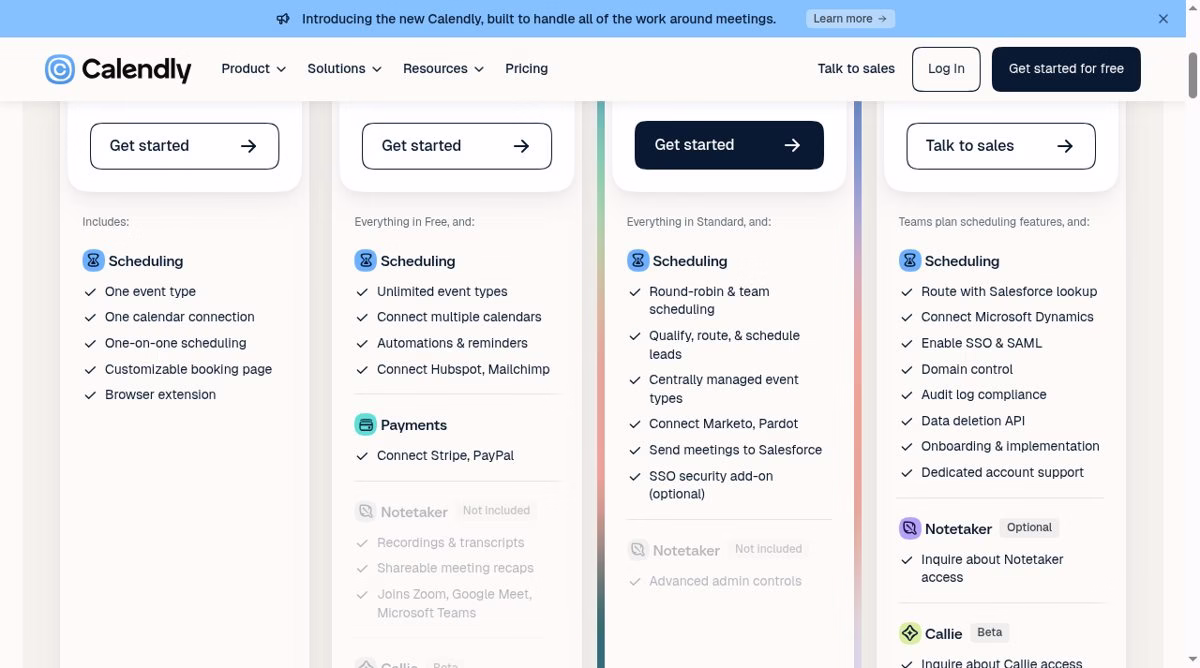 Calendly pricing page plan cards listing what Free, Standard, Teams and Enterprise include