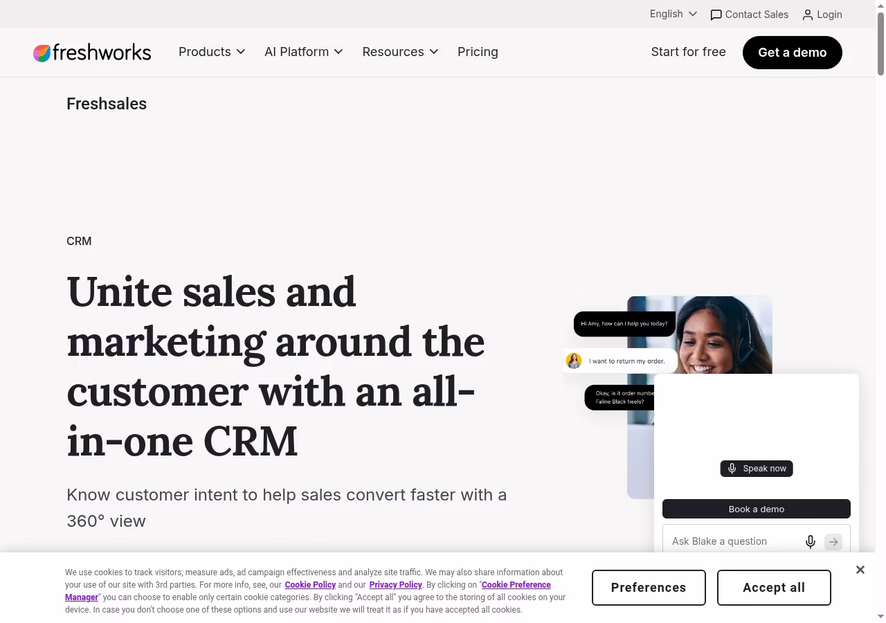 Freshsales official website hero showing its CRM product positioning