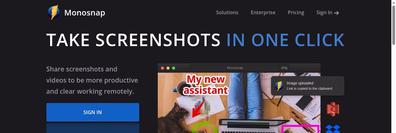 Monosnap homepage showing an annotated screenshot with arrows, a blurred area and an upload prompt