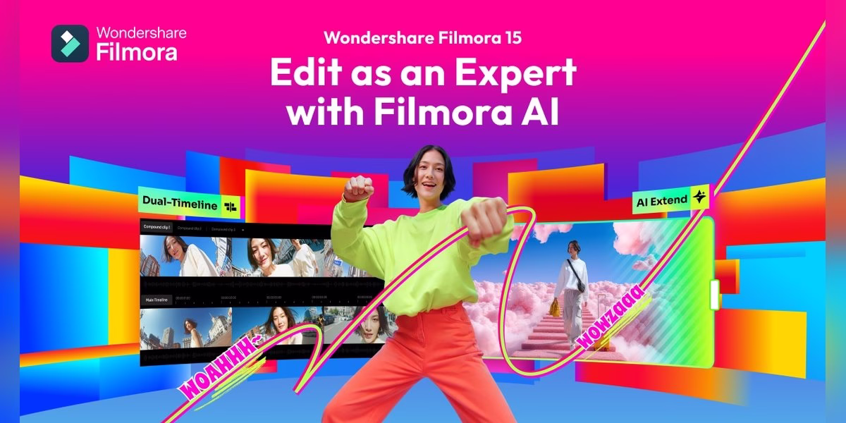 Wondershare Filmora 15 promotional image with AI editing