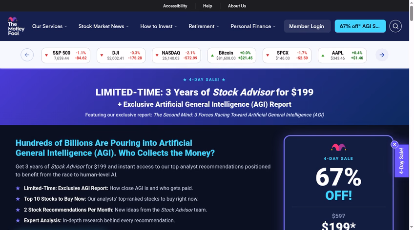 Motley Fool homepage advertising its Stock Advisor service with two stock recommendations per month