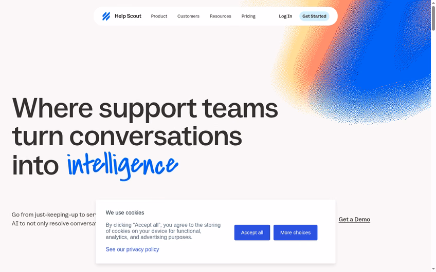 Help Scout homepage presenting its AI-driven support platform with a shared inbox