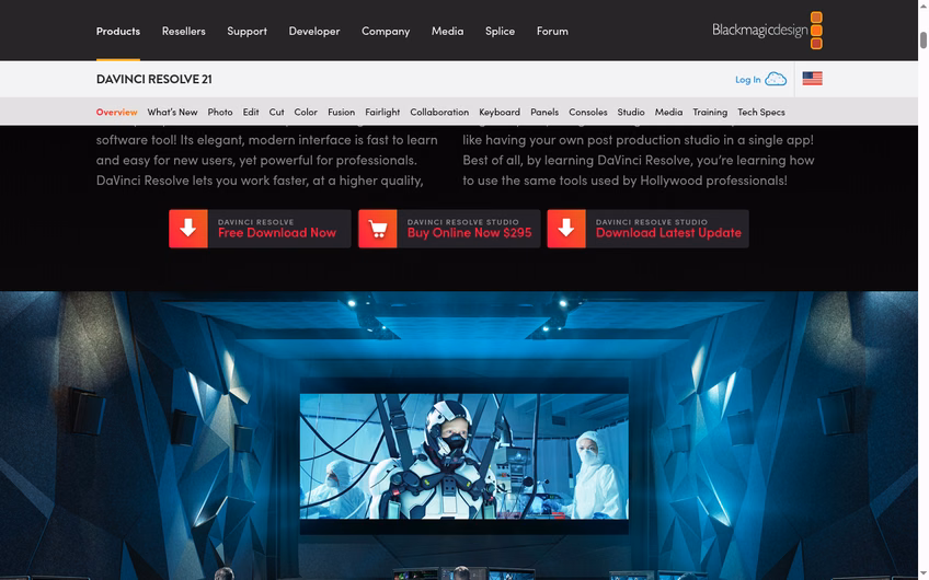 DaVinci Resolve 21 page on blackmagicdesign.com showing the free download button next to the DaVinci Resolve Studio purchase option