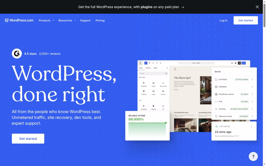 WordPress.com homepage in October 2026, with the headline WordPress, done right