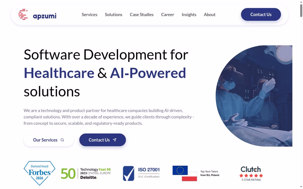 Apzumi desktop homepage showing its current company positioning