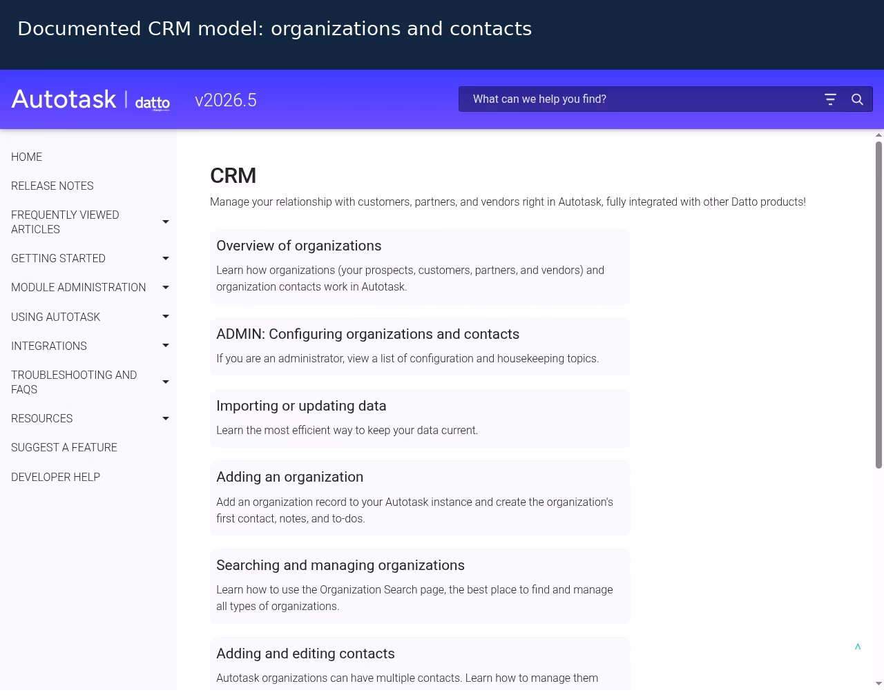 Annotated Autotask CRM documentation showing organization and contact-management routes
