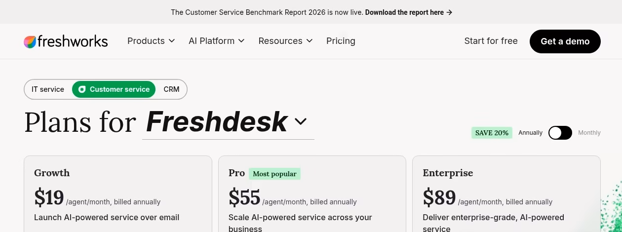 Freshdesk Growth Pro and Enterprise annual-billed pricing cards checked October 12 2026