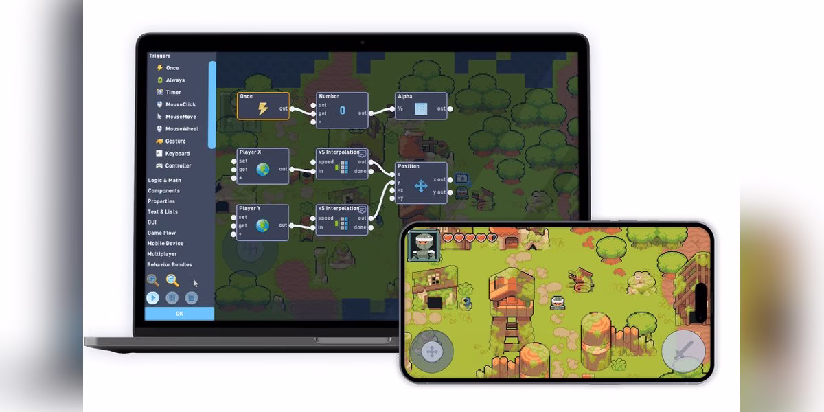 Flowlab game editor screenshot showing a game scene with the visual logic panel