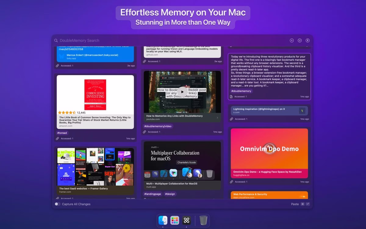 DoubleMemory local-first bookmarking app shown on a Mac screen