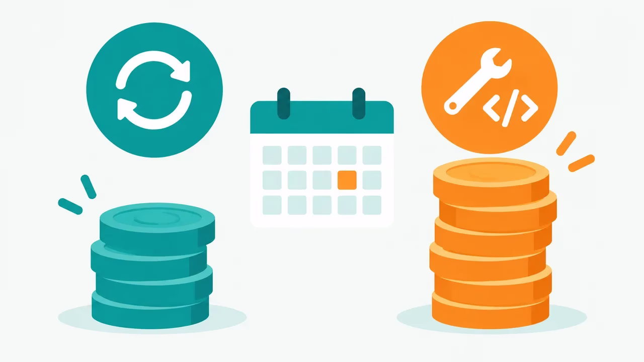 Two coin stacks and a calendar illustrating the recurring cost of Shopify against the build and maintenance cost of a custom site