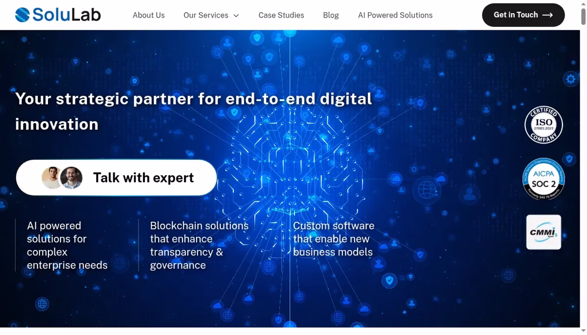 SoluLab official company homepage, captured for the cryptocurrency wallet developer profile