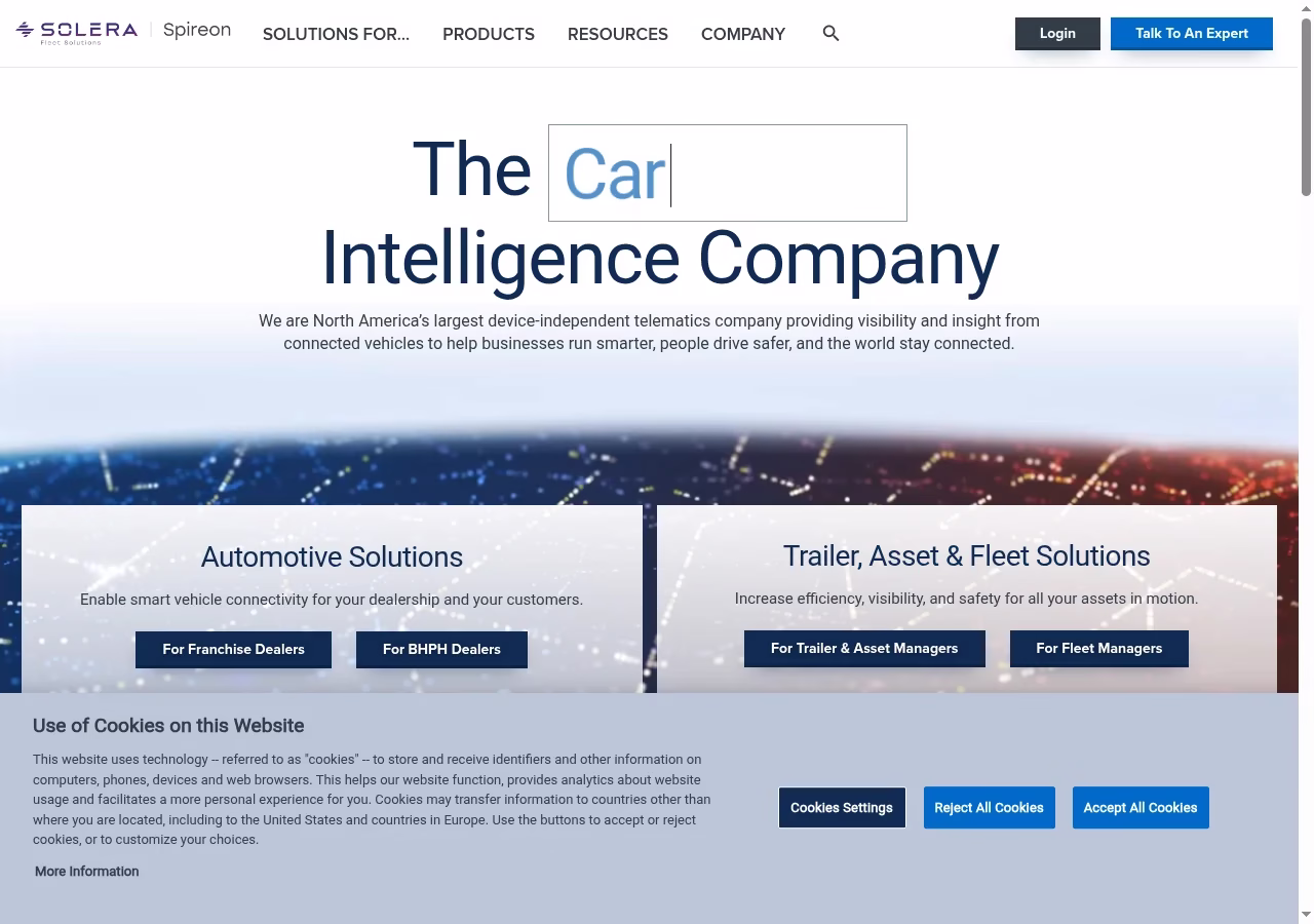 Spireon current homepage, October 5, 2026