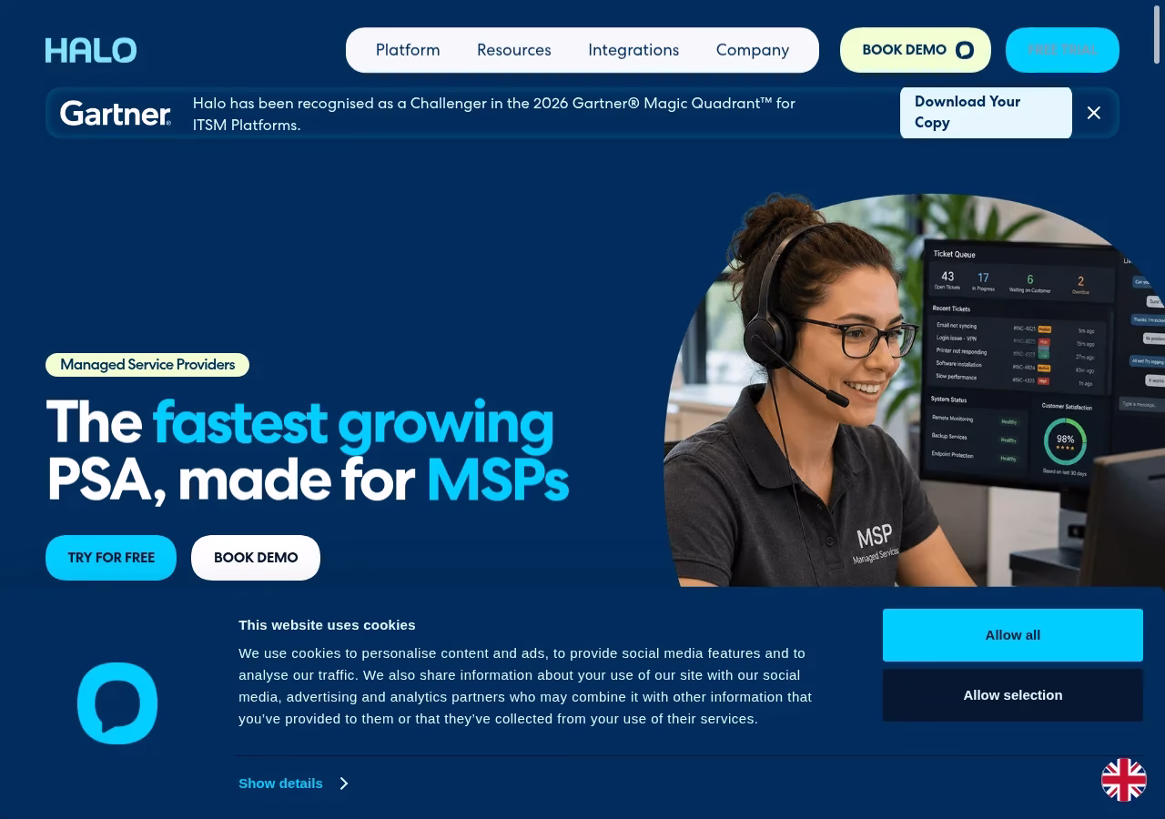 HaloPSA official website hero showing its CRM product positioning