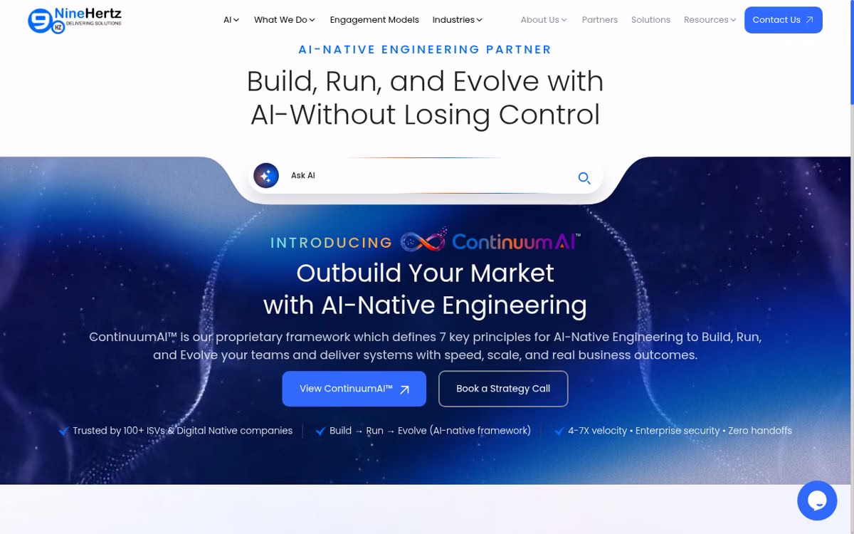 The NineHertz homepage showing its current services and brand