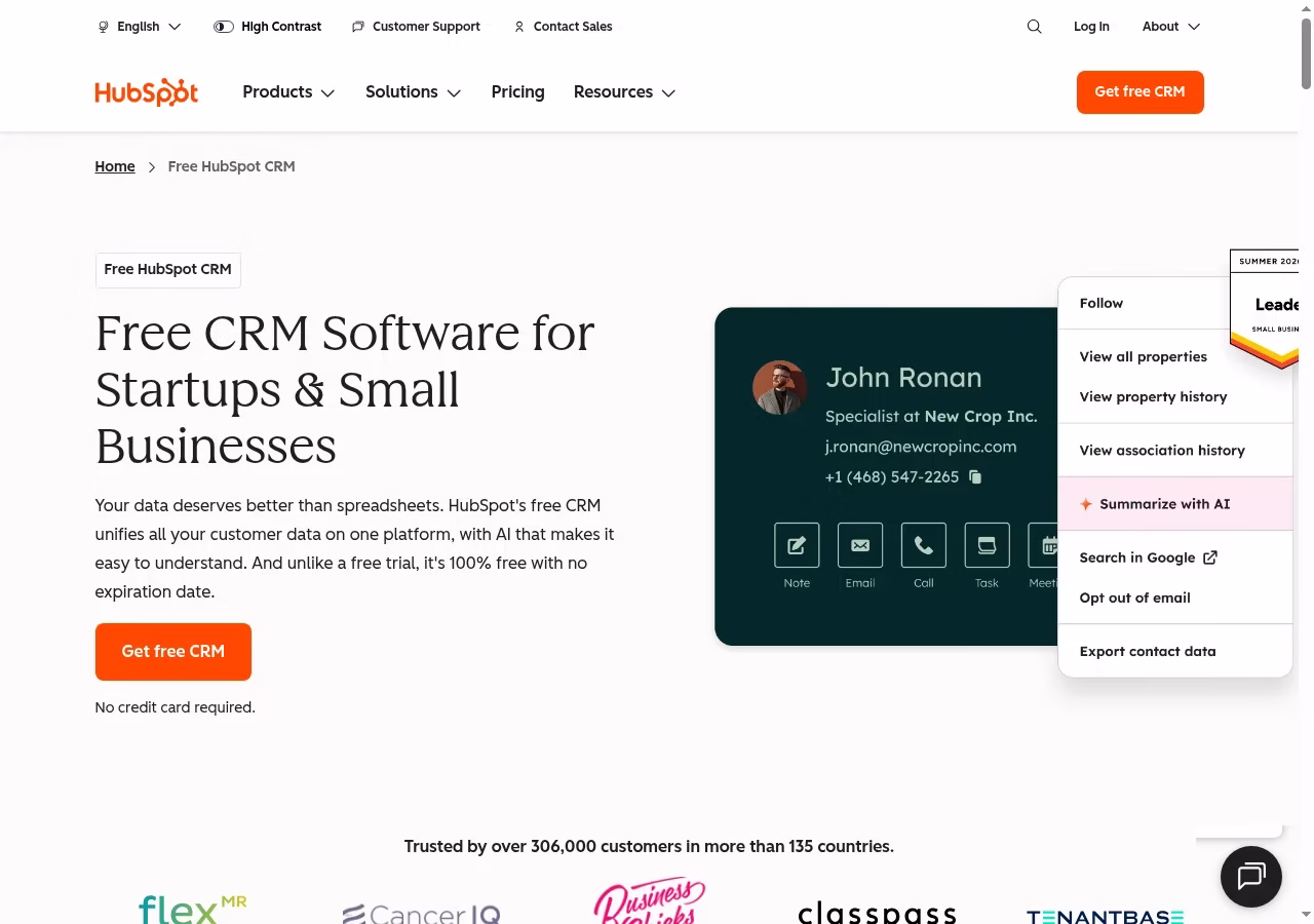 HubSpot official website hero showing its CRM product positioning
