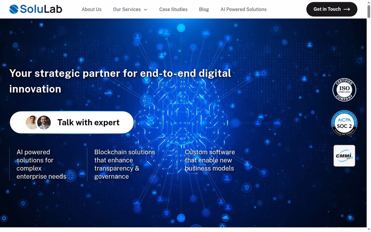 SoluLab homepage showing its current services and brand
