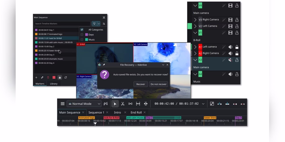 Kdenlive editing interface panels collage