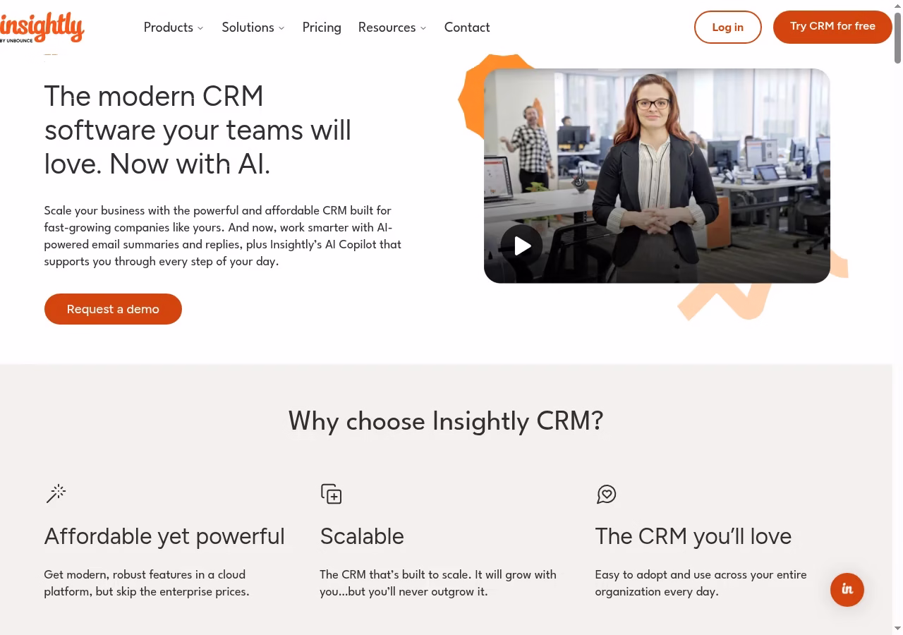 Insightly official website hero showing its CRM product positioning