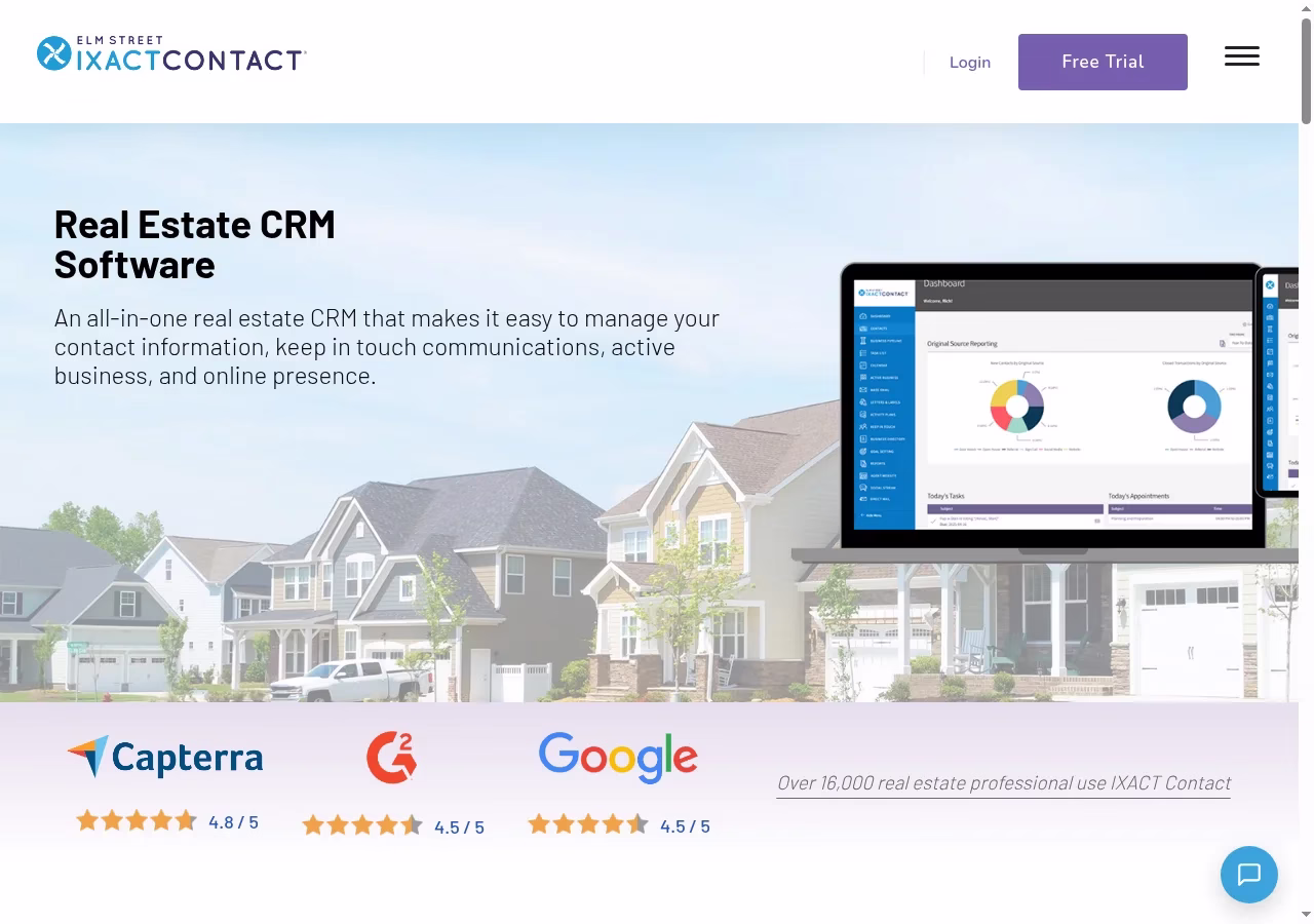IXACT Contact official website hero showing its CRM product positioning