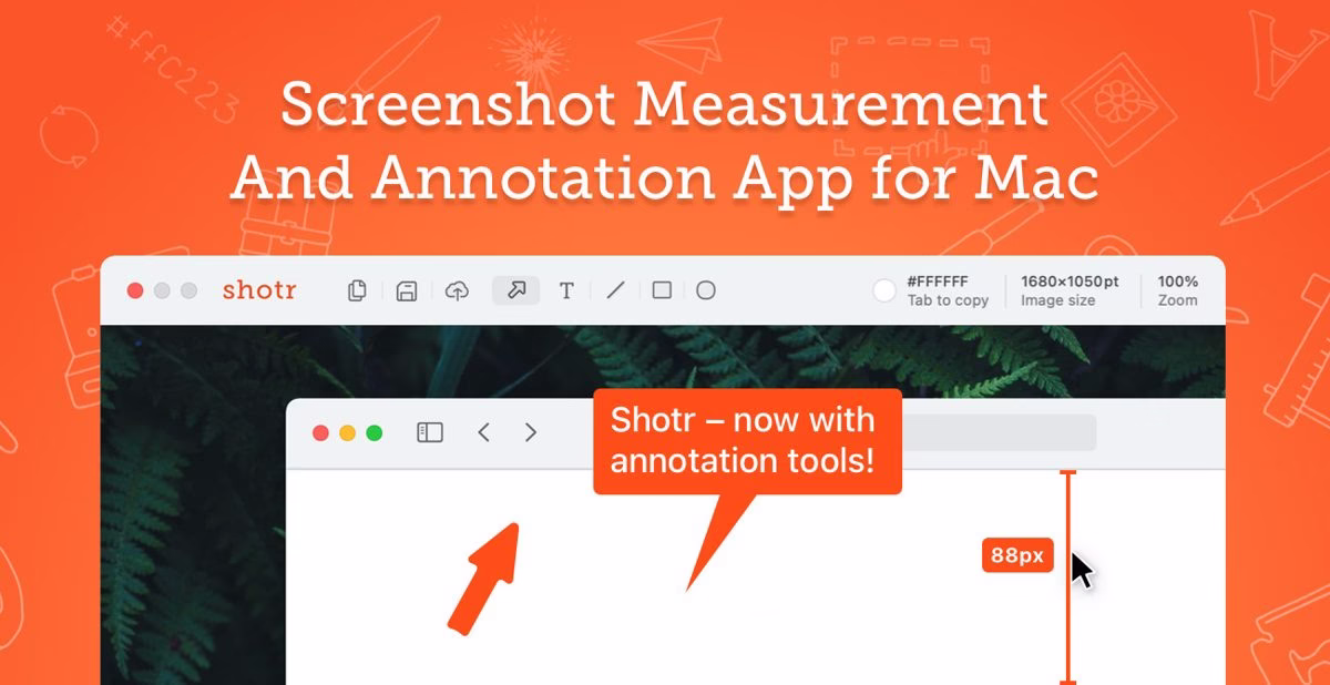 Shottr promo showing screenshot measurement and annotation on a Mac
