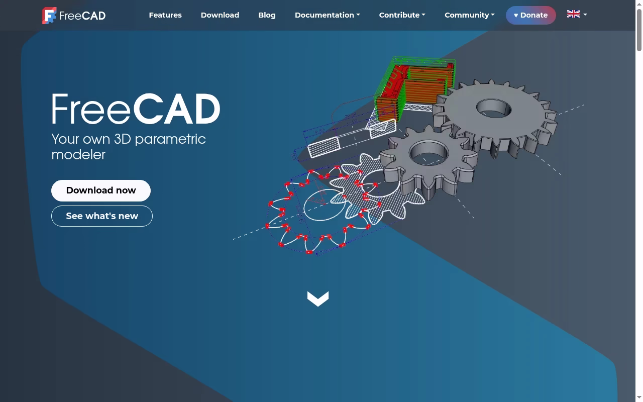 FreeCAD official website hero showing parametric mechanical parts