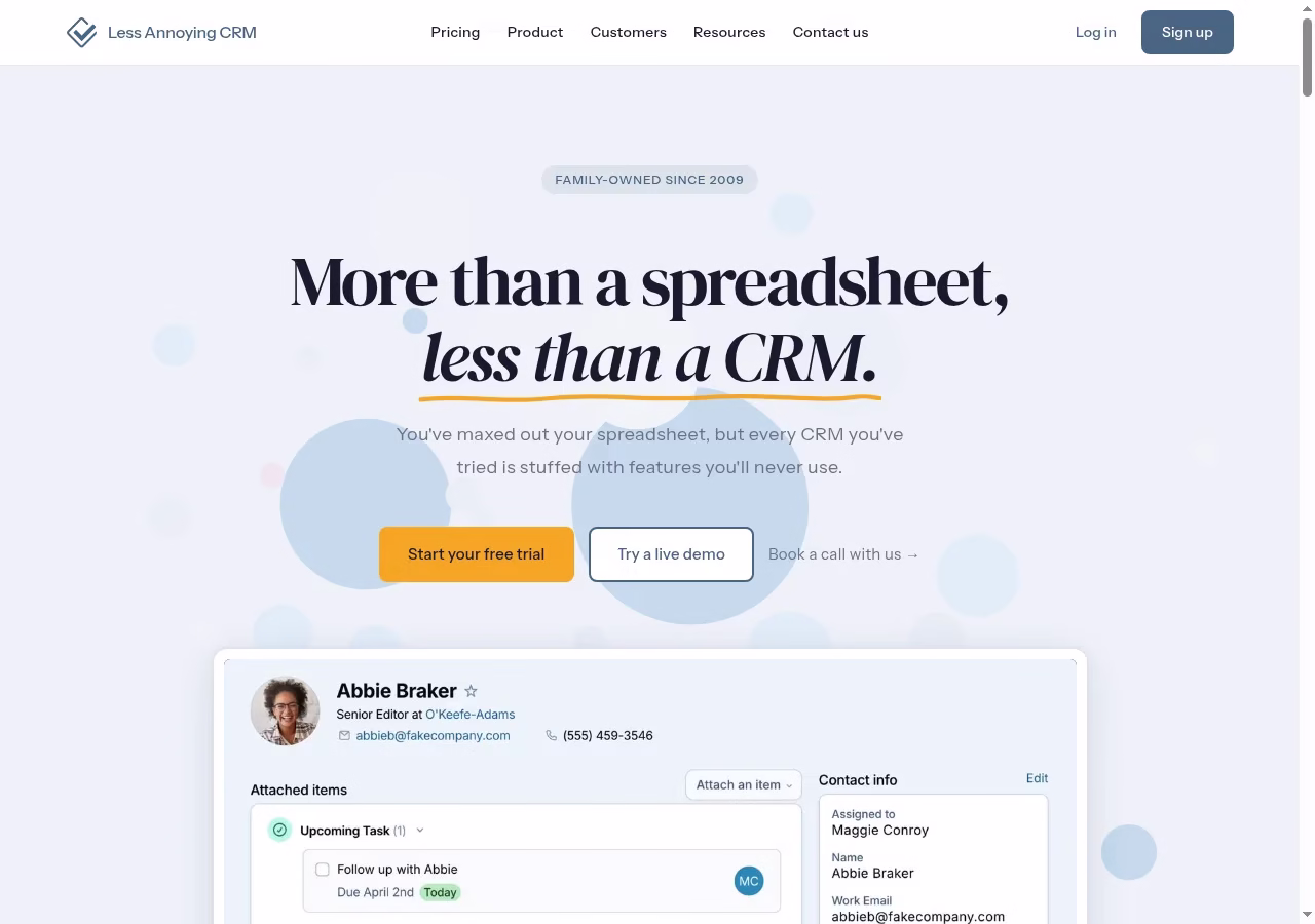 Less Annoying CRM official website hero showing its CRM product positioning