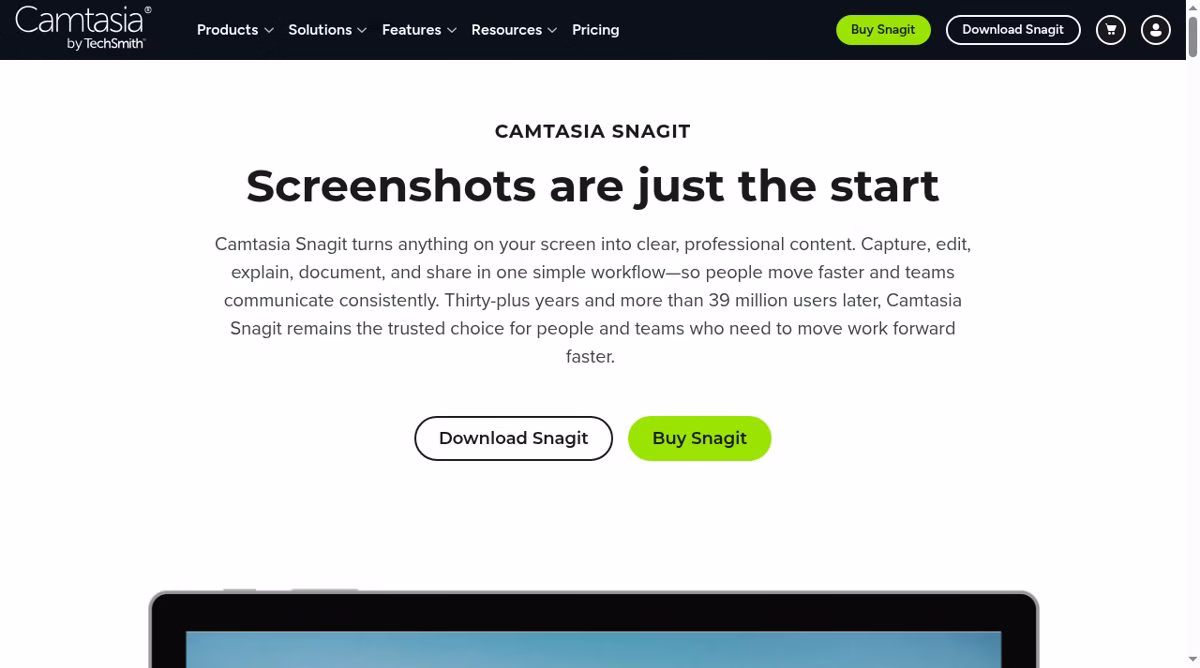Snagit homepage with the headline Screenshots are just the start