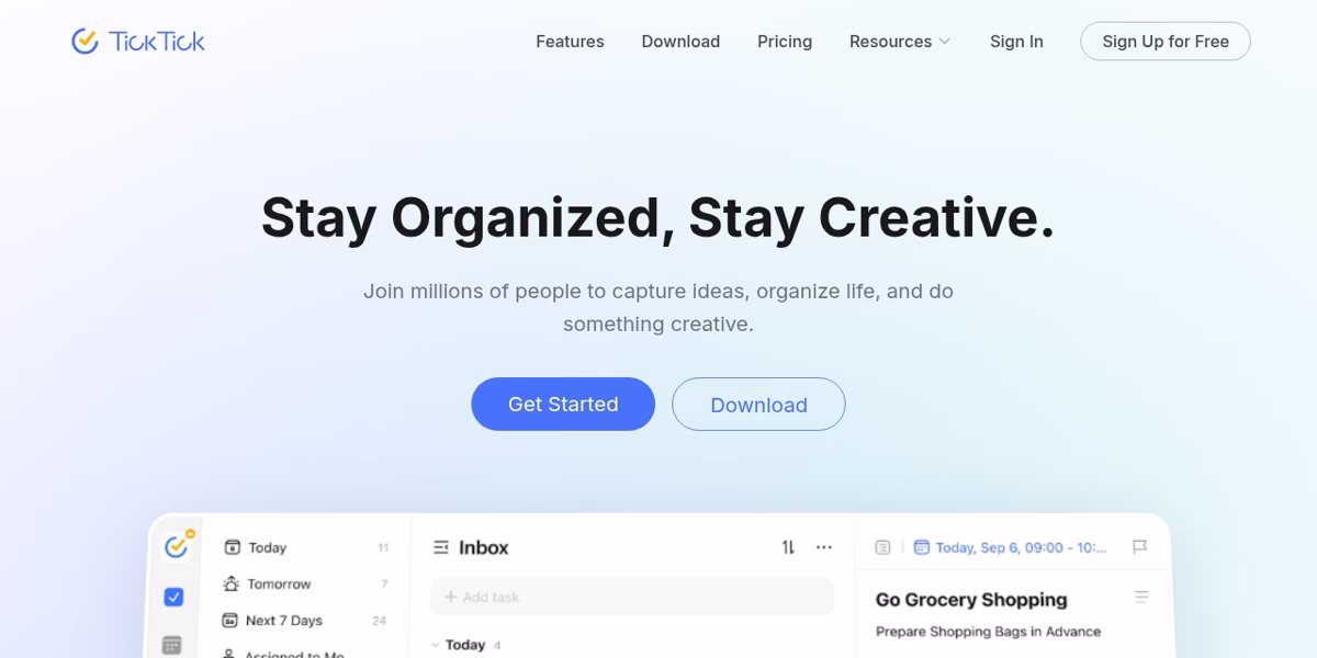 TickTick homepage with the headline Stay Organized, Stay Creative