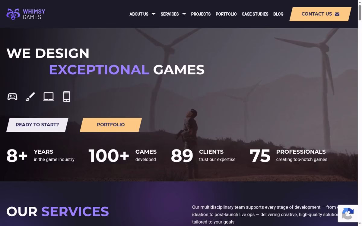 Whimsy Games homepage showing its current services and brand