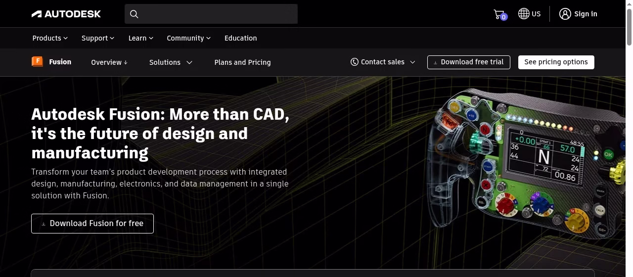 Autodesk Fusion official website hero showing integrated design and manufacturing