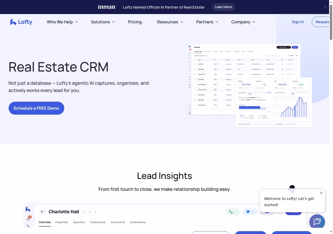 Lofty official website hero showing its CRM product positioning