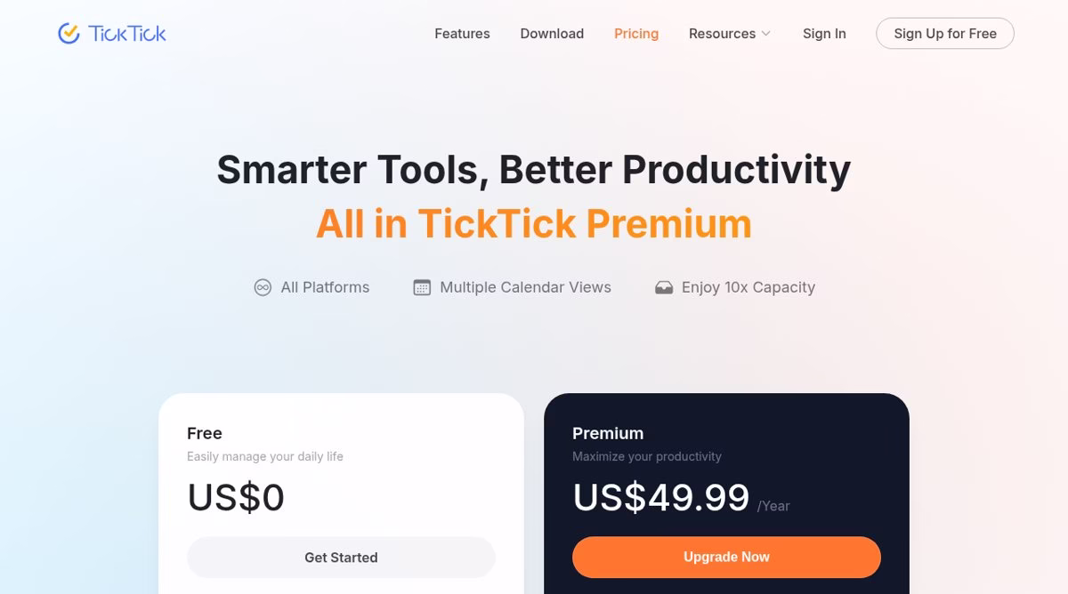 TickTick pricing page showing Free at US$0 and Premium at US$49.99 per year
