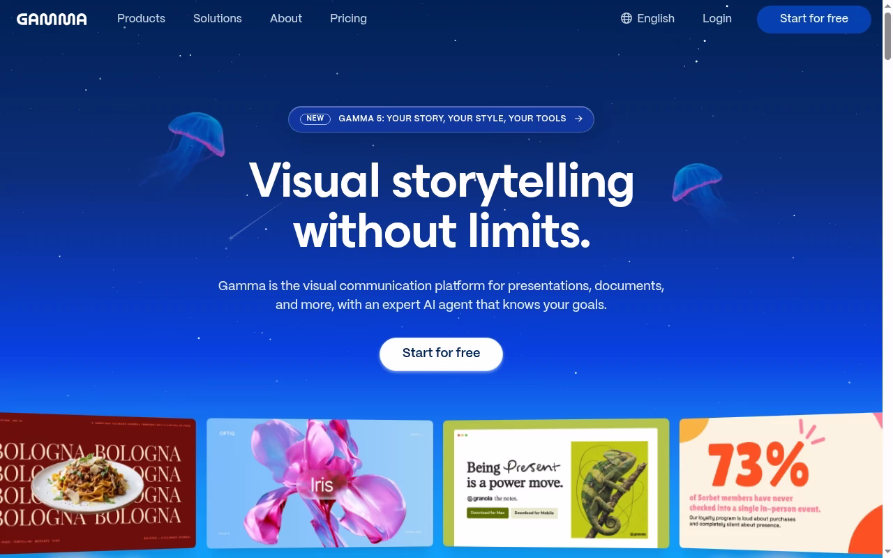 Gamma official website hero showing web-first storytelling