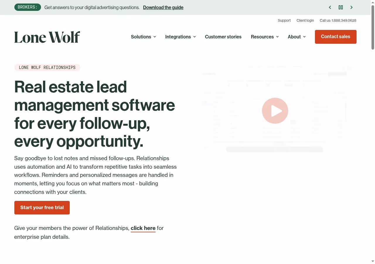 Lone Wolf Relationships official website hero showing its CRM product positioning