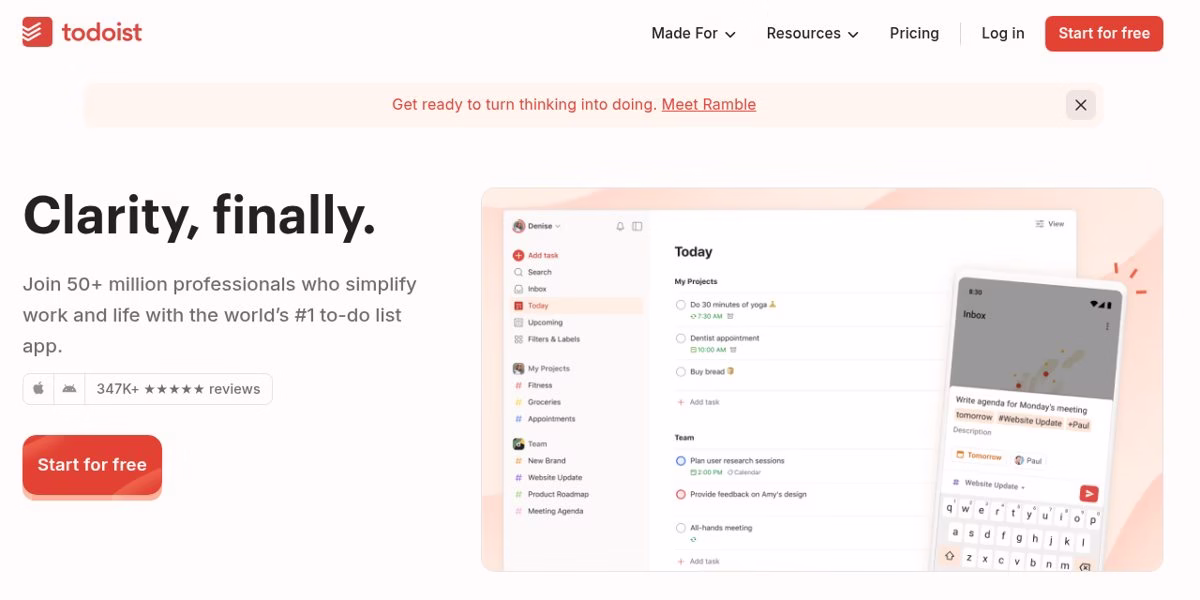 Todoist homepage with the headline Clarity, finally