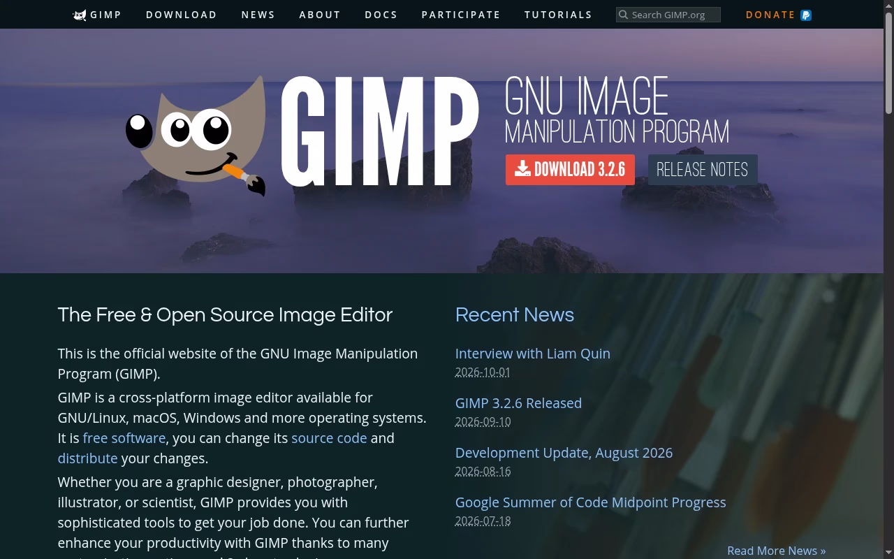 GIMP official website hero showing free pixel editing
