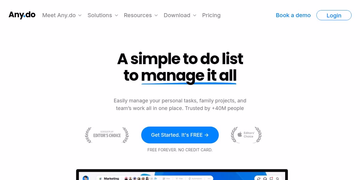 Any.do homepage with the headline A simple to do list to manage it all