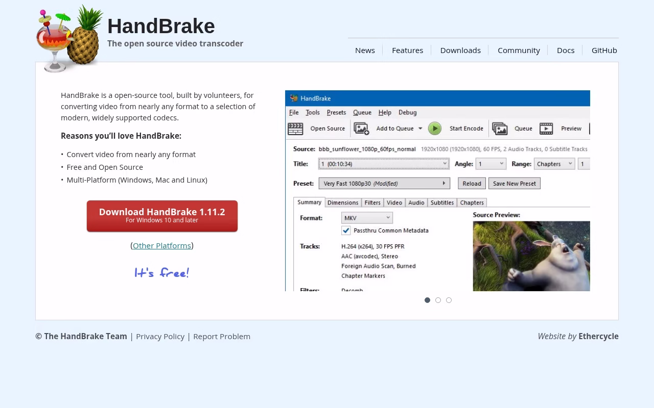 HandBrake official homepage showing its open-source video transcoder and application preview