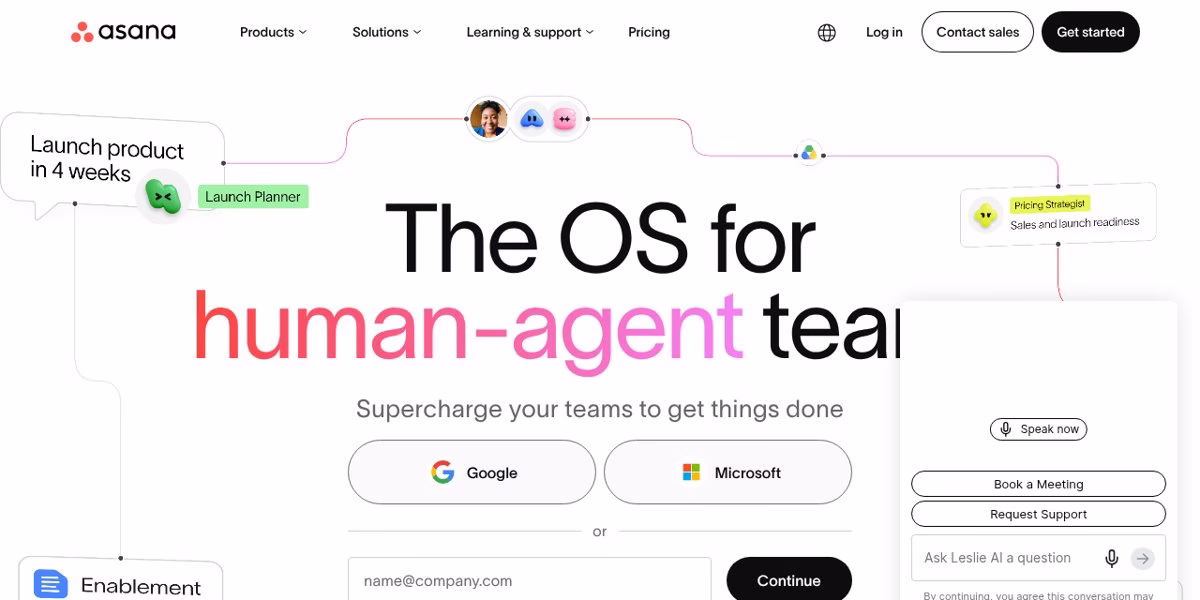 Asana homepage with the headline The OS for human-agent teams and a sign-up form