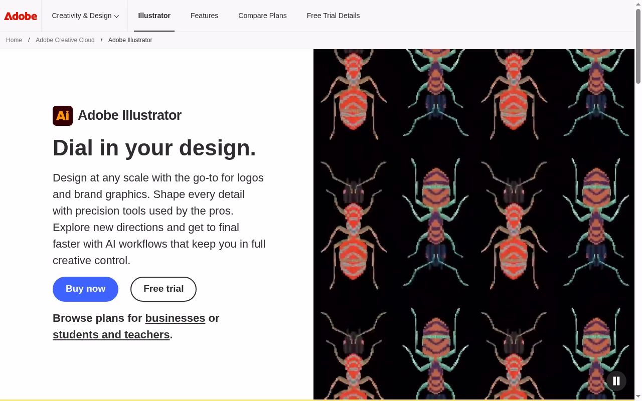 Adobe Illustrator official website hero showing professional illustration and print