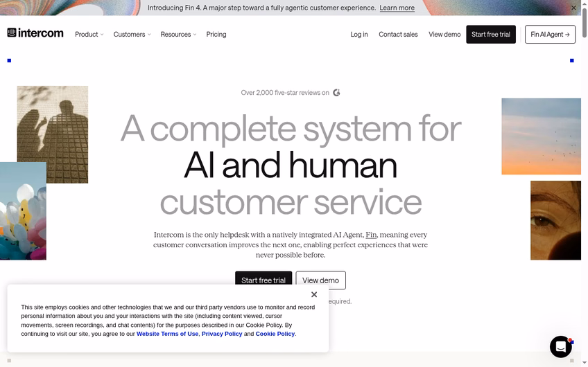 Intercom homepage describing a complete system for AI and human customer service