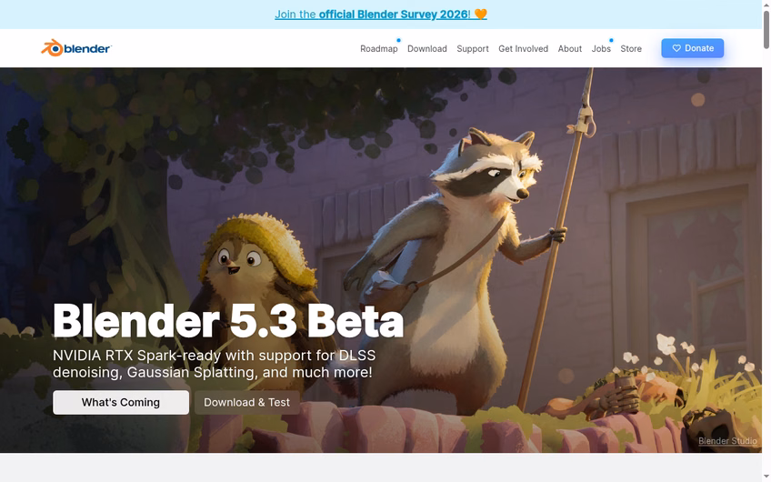 Blender homepage announcing the Blender 5.3 Beta as free and open source 3D creation software